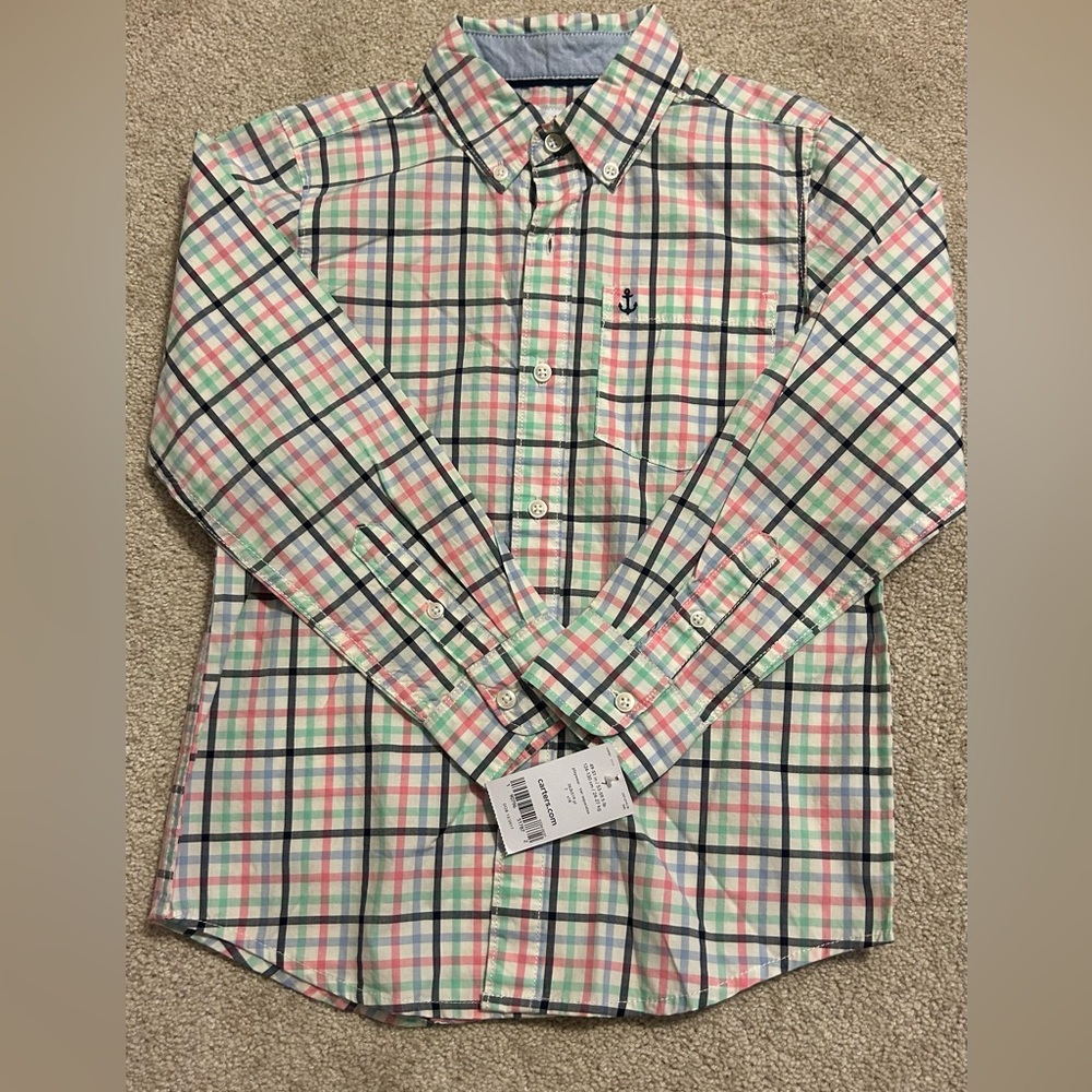 Carter's Boys Green and Pink Plaid Long Sleeve Shirt, Size 7